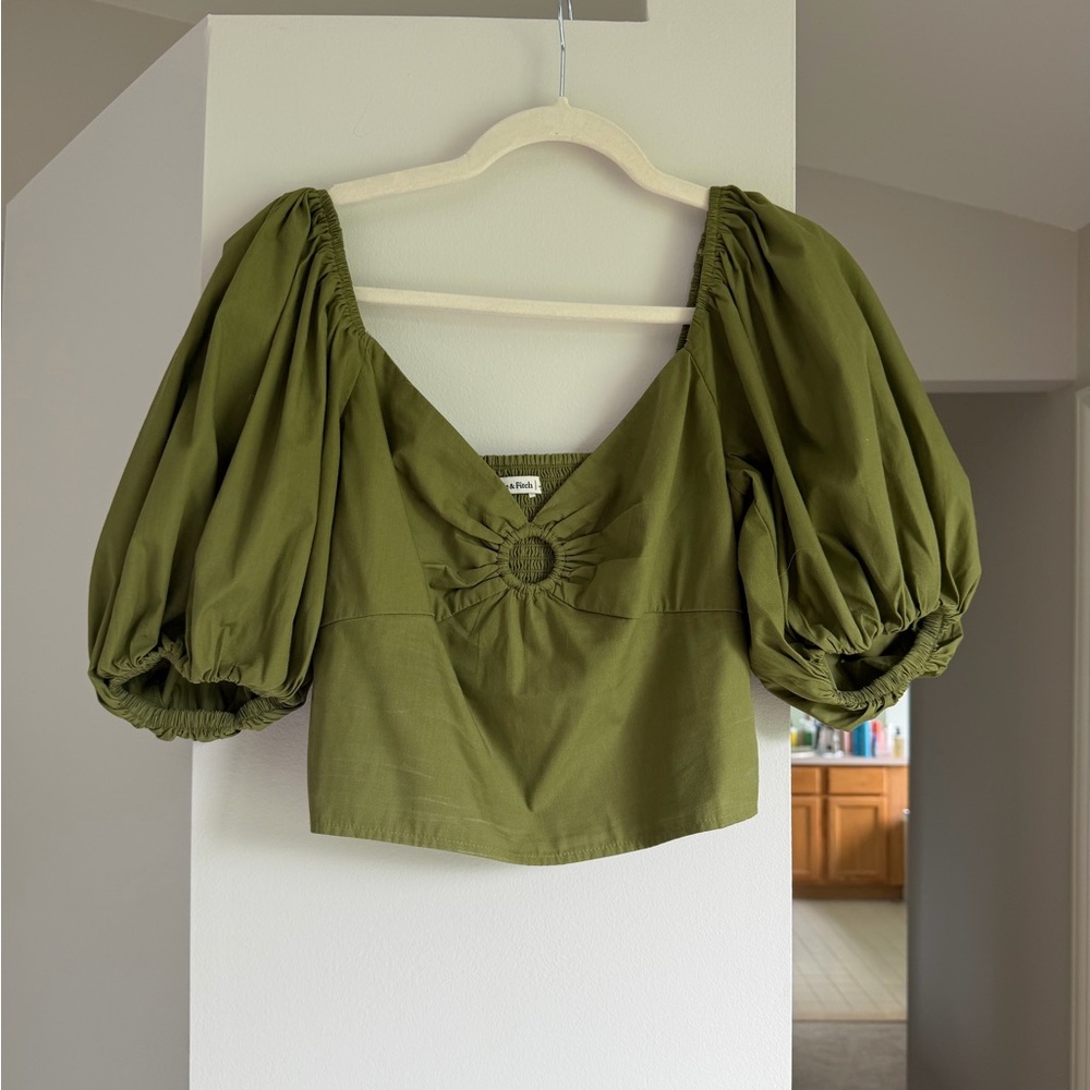 Abercrombie & Fitch Olive Green Puff Sleeve Crop Top